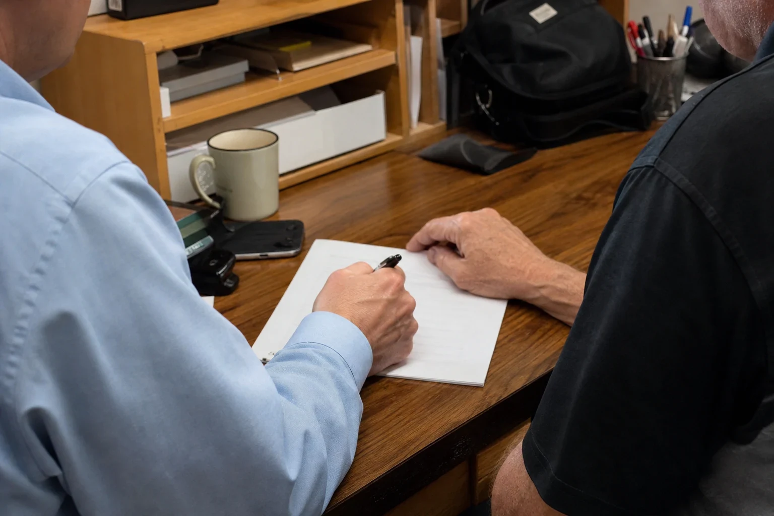 Over-the-shoulder view of a man in a blue shirt writing on a short form at a wooden desk while an older man in a dark shirt rests his hand on the page
