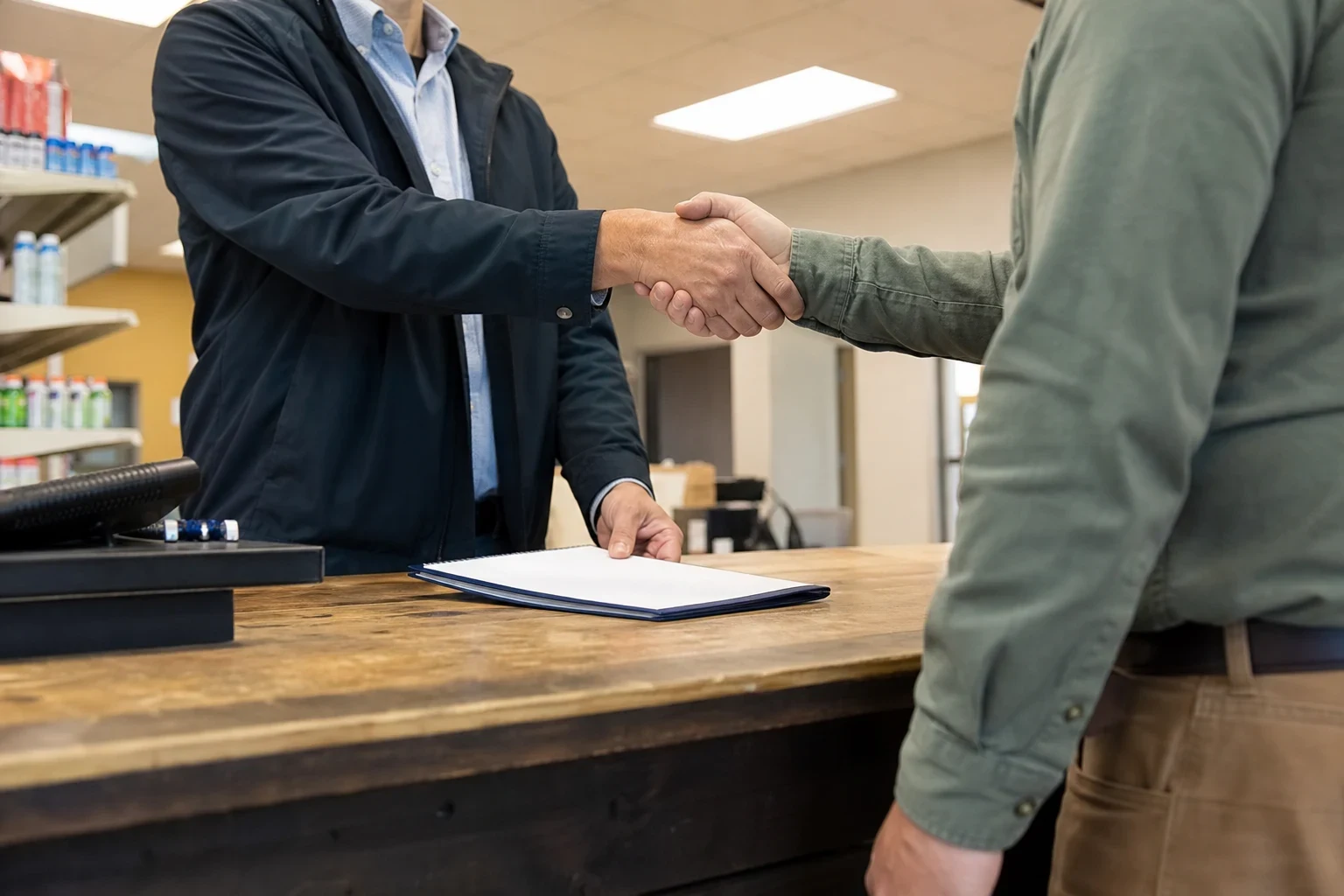 Two men shake hands across a worn wooden shop counter, one resting his hand on a closed blue folder, with stocked shelves and a back room behind them.