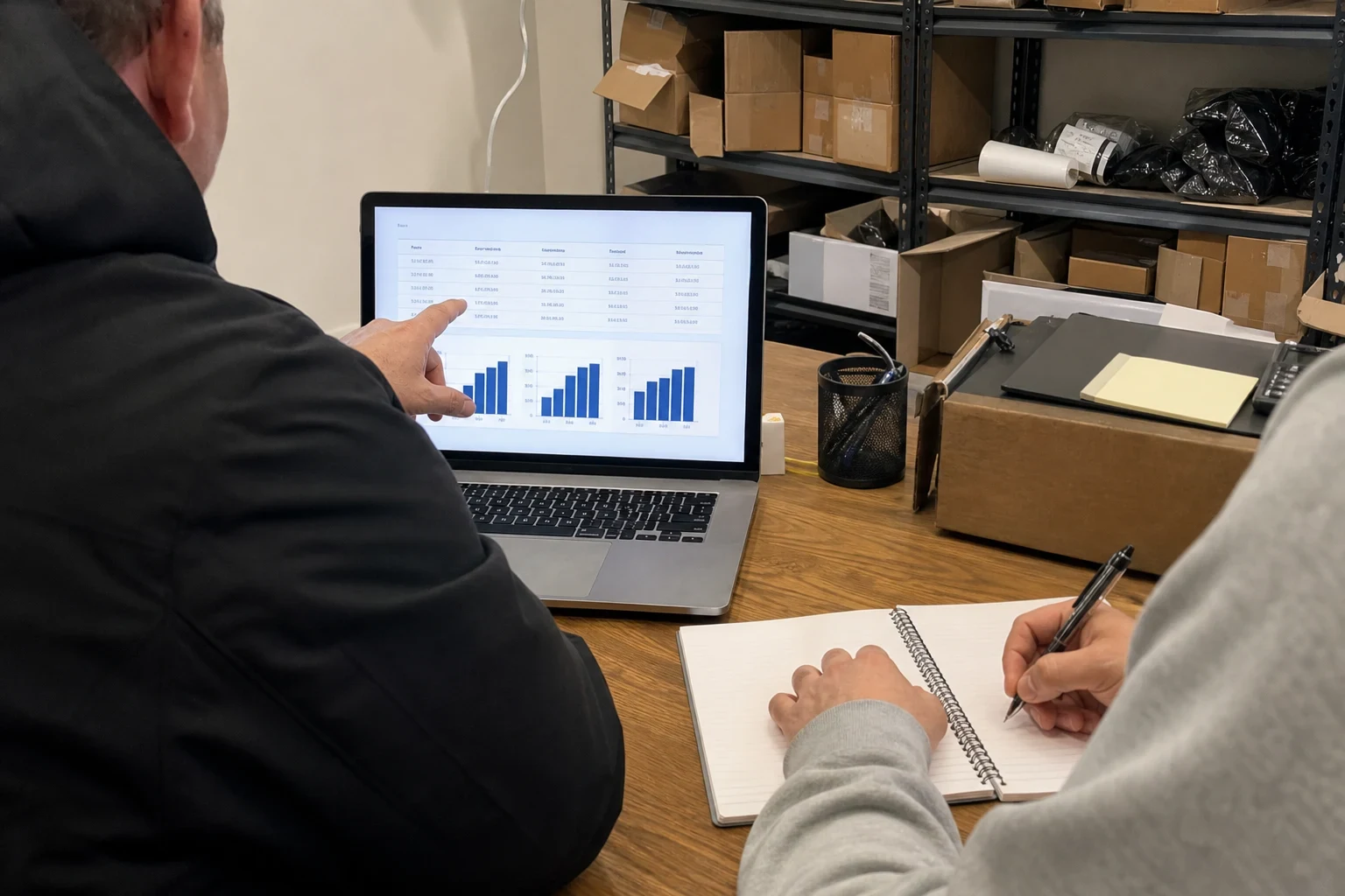 Agent pointing at a laptop showing a premium table and bar charts while a business owner takes notes in a spiral notebook at a wooden desk, shelves of boxes behind