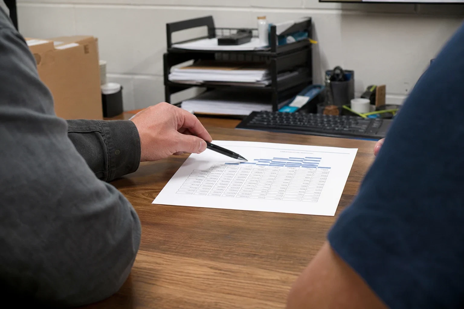 Agent's hand pointing a pen at a printed coverage chart on a wooden desk in a small back office with a paper tray, keyboard and boxes